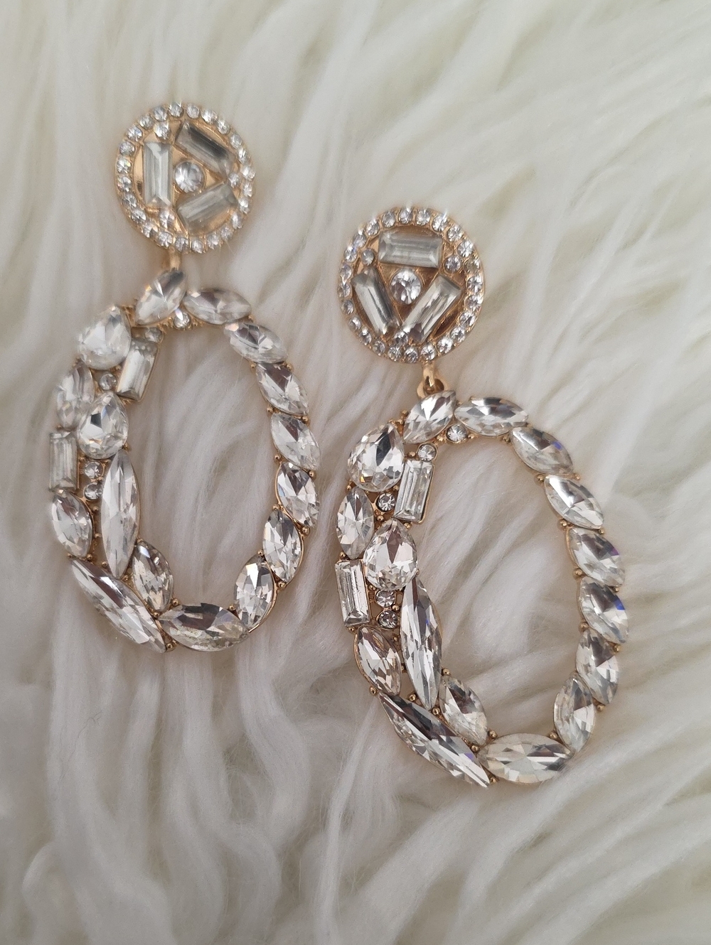 Boutique Crystal Statement Drop Earrings Gold Rhinestone Oval Dangle